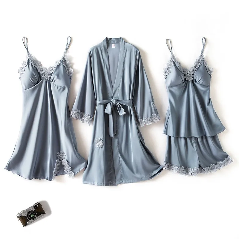 

SEXY 4PCS Sleepwear Summer Pink Women Wedding Robe Set Satin V-neck Nighty&Robe Set Nightdress Casual Satin Homewear Nightgown