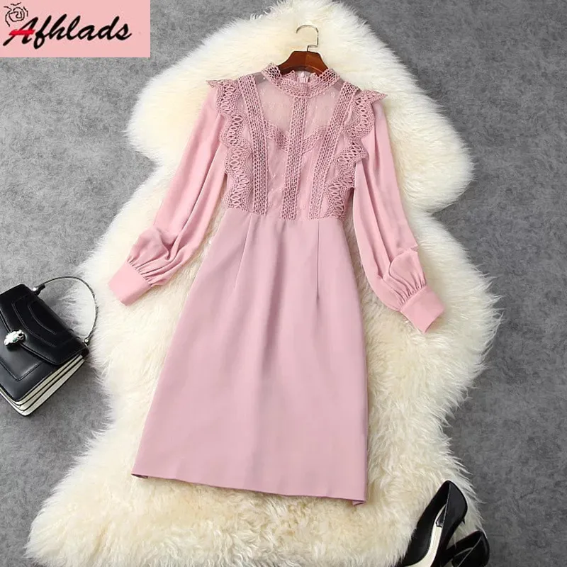 

New High Quality Ladies Vestidos Spring And Autumn Lace Stitching Round Neck Long Sleeve Elegant Solid Color Women Dress