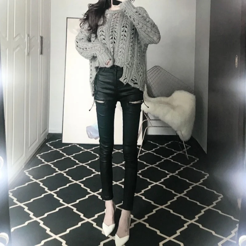 

Style Punk Fashion Zippers Side Corss Tied Womens PU Leather Pants High Waist Slim Fit Qualities Female Full Length Pencil Pants