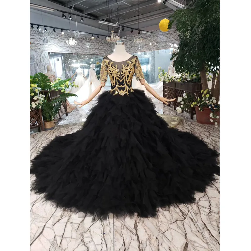 BGW 3222ht Black Evening Dress Long For Women O-neck V-back Golden Lace Cake Style Formal With Detachable Train 2020 | Свадьбы и