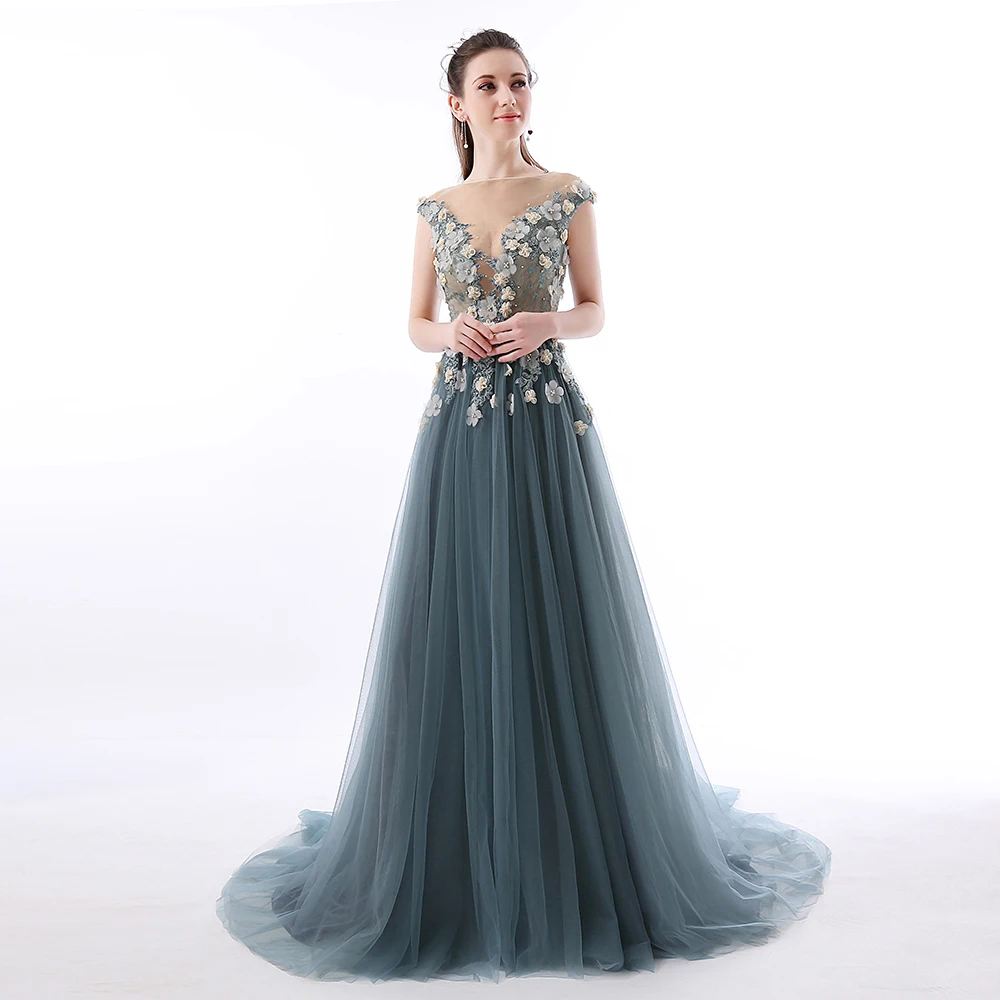 

Print Prom Dresses Long 2021 V Neck Beading High Split Tulle Sweep Train Sleeveless Evening Gown A-Line Backless Robe De