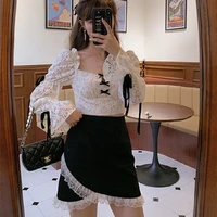 2021 autumn clothing 2 piece set women fashion sexy suit lace bow flare sleeve top patchwork designer skirt gothic korean style