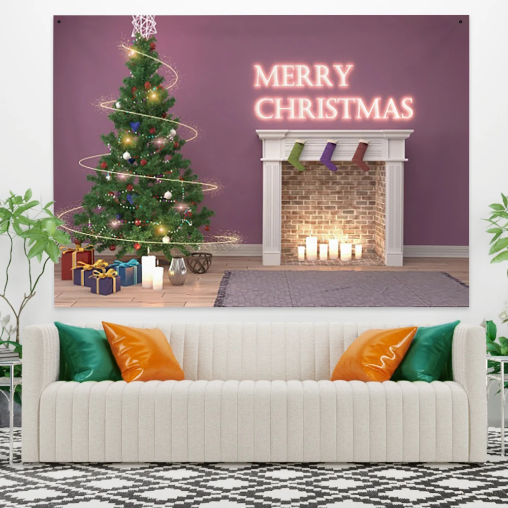 

Laeacco New Year Christmas Tapestry Blanket Wall Hanging Bedroom Party Home Decor Fireplace Tree Stove Carpet Beach Towel