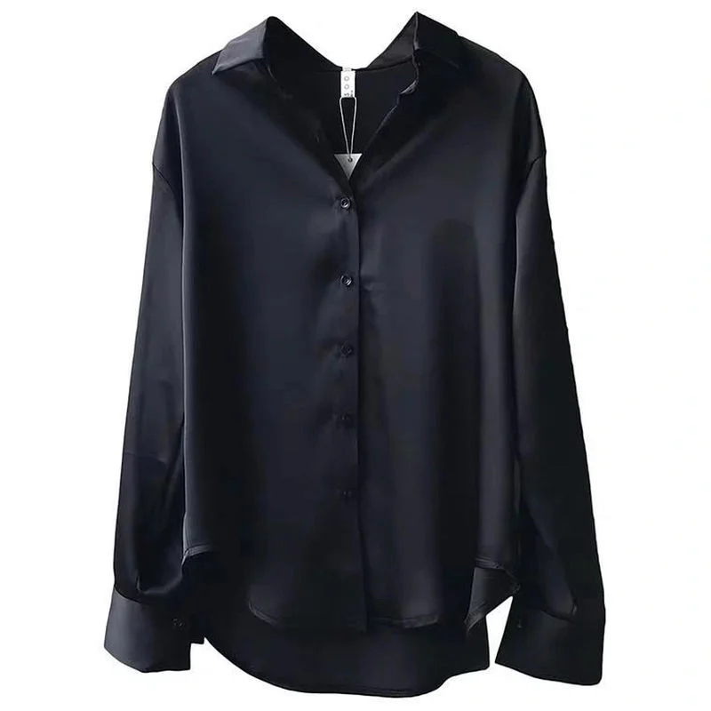 

Spring Summer Silk and Satin Tops Office Lady Fashion Lapel Single Breasted T-shirts Women New Plus Size Casual Tops Long Sleeve