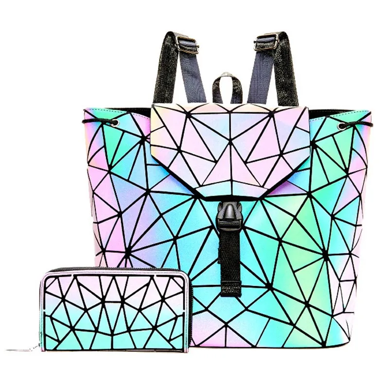 

Women Backpack Holographic Luminous Backpacks Girl School Bag For Student Backpack Geometric foldable Shoulder Bags and purse