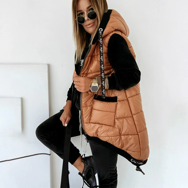 

Cotton Jacket sleeveles Jacket 2021 Winter New Ladies Hooded Sleeveless Cotton Jacket Top Fashion Solid Color Quilted Jacket
