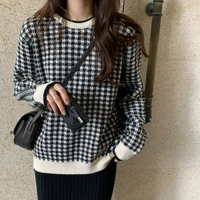 new loose black jumper elegant chic female sungtin houndstooth knitted sweater women vintage casual o neck wram plaid pullovers