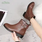Женские кожаные ботинки на низком каблуке, однотонные Универсальные ботинки на молнии с металлическим ремешком, 2021