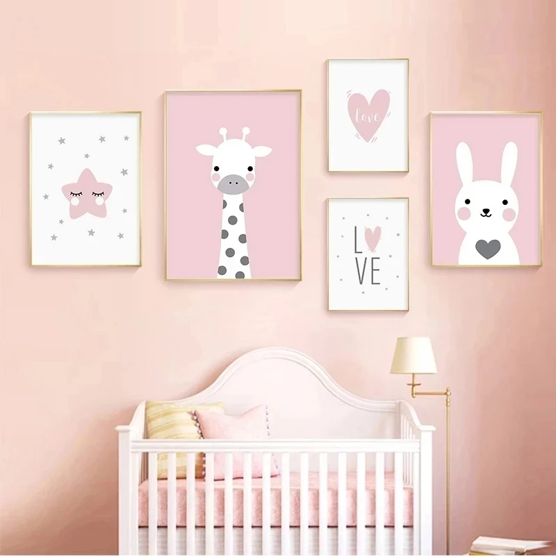 

Cartoon Animals Canvas Painting Giraffe Rabbit Love Heart Star Pink Poster for Kids Girl Room Home Decoration Wall Art Mural