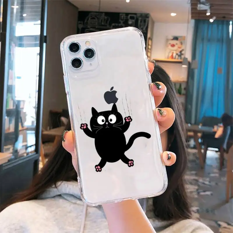 

Animal black cat cute Phone Case Transparent for iPhone 6 7 8 11 12 s mini pro X XS XR MAX Plus