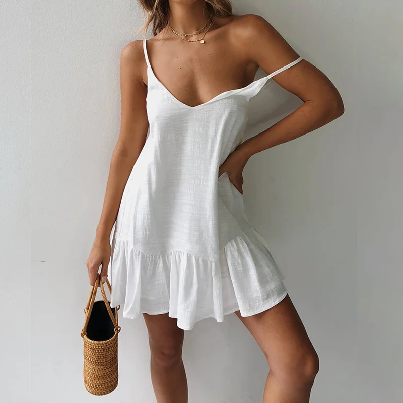 

Strap Dresses Off Shoulder Women Summer Dress 2021 White Shift Dress Ruffle Sexy Sundress Mini Cotton Linen Vestidos