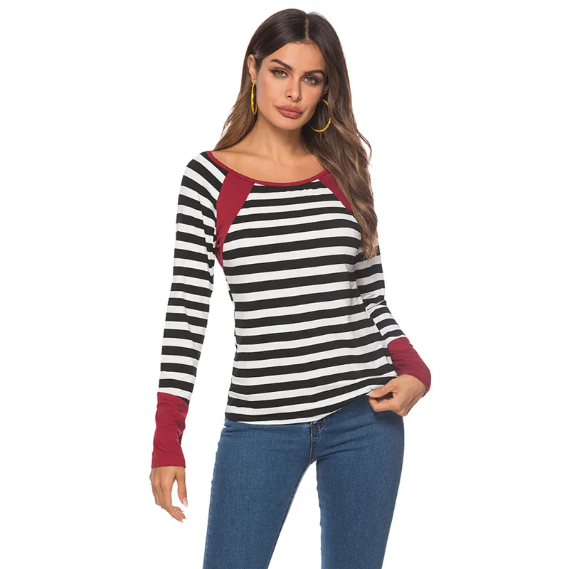 Весенняя женская тонкая футболка с круглым вырезом полосатая топы длинным