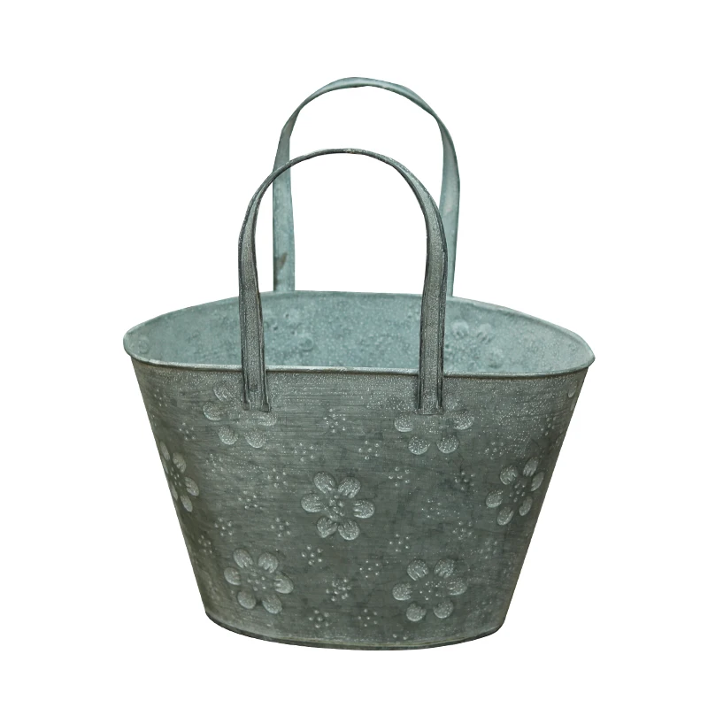 

Set of 2 Pieces Vintage Zinc Decorative Flower Pots, Flower Embossed Handbag Design
