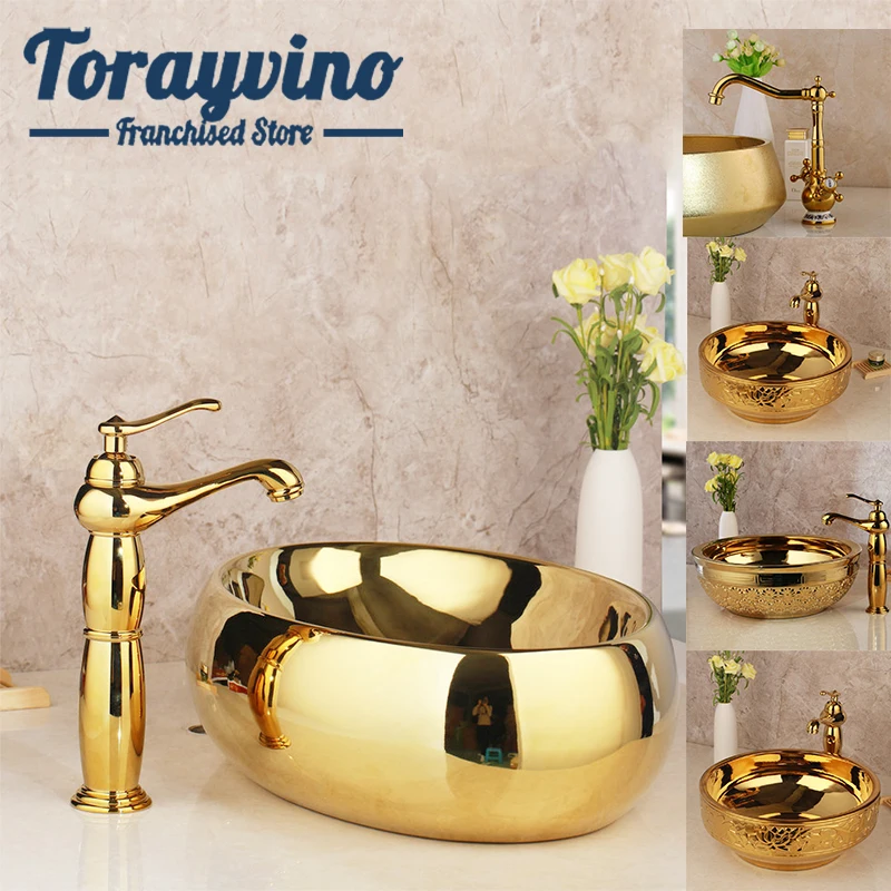 Torayvino, ванная комната, Твердый латунный кран для раковины, набор, золотой роскошный керамический кран для туалета, умывальник, раковина, ванна, комбинированный смеситель, слив