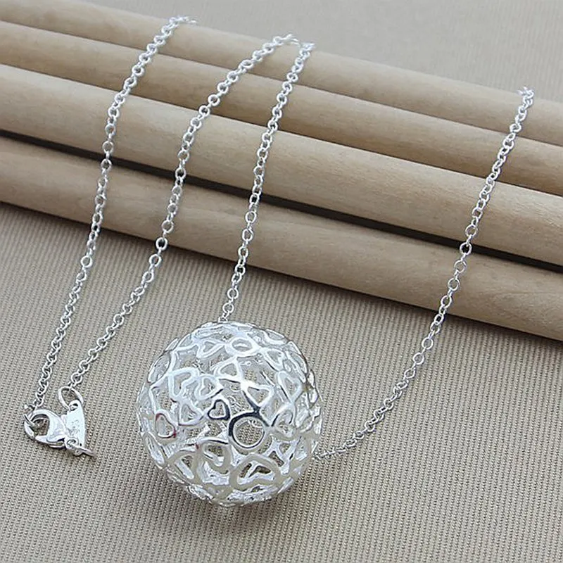 

925 Sterling Silver 40/45/50/55/60cm Chain Hollow Hearts Ball Pendant Necklace For Woman Wedding Engagement Party Charm Jewelry