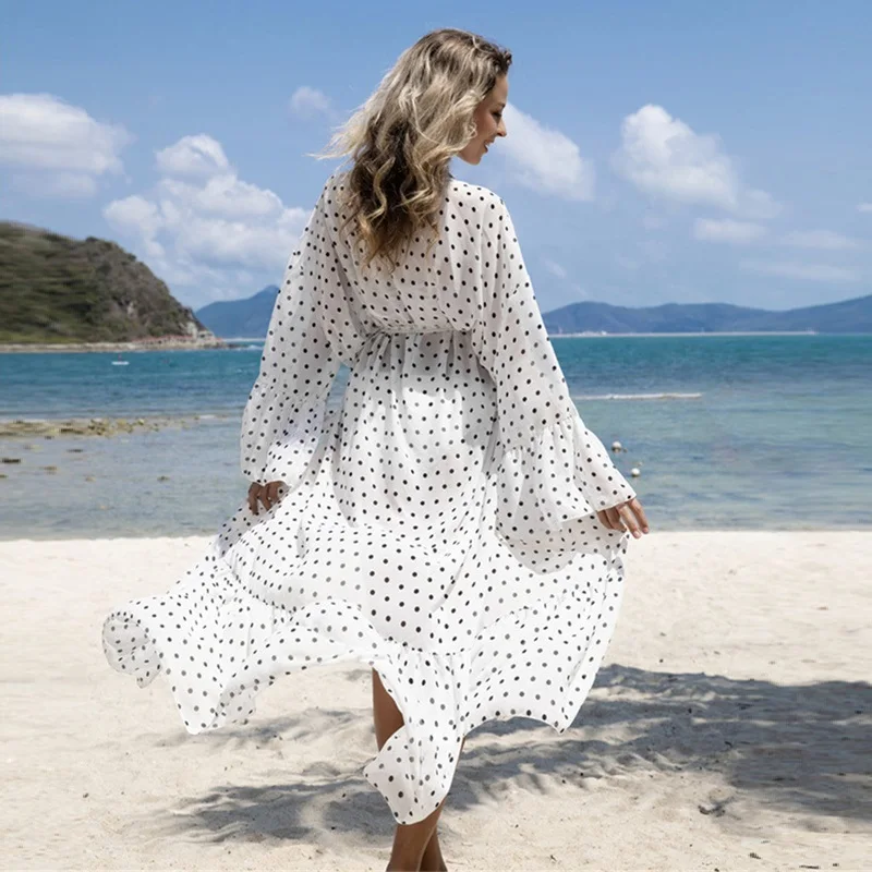 

NODELAY Dots Print Beach Wear Chiffon Bikini Cover Up Women 2022 Long Pareos BOHEMIA Beach Dress Tunic Female Swimsuit Cover-Ups