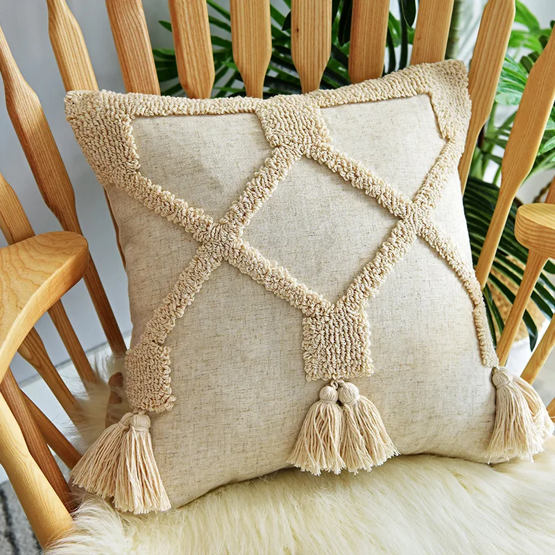 

European Beige Tufted Cushion Cover Morocco Home Decor Tassels Pillow Case for Living Room Sofa Bed 45x45/30x50