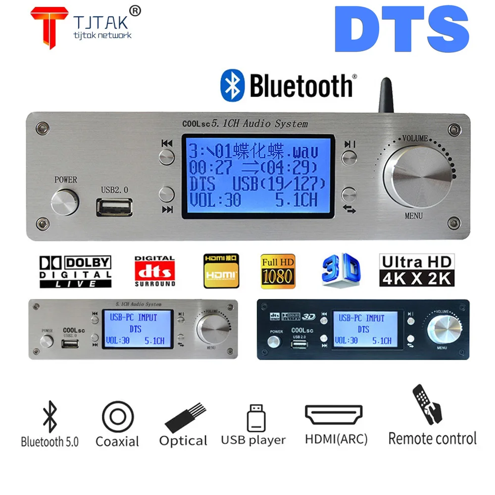 

5.1 Audio Decoder Lossless DTS Dolby AC3 HDMI USB Bluetooth Digital Power Amplifier Support set-top box Blu ray DVD, projection