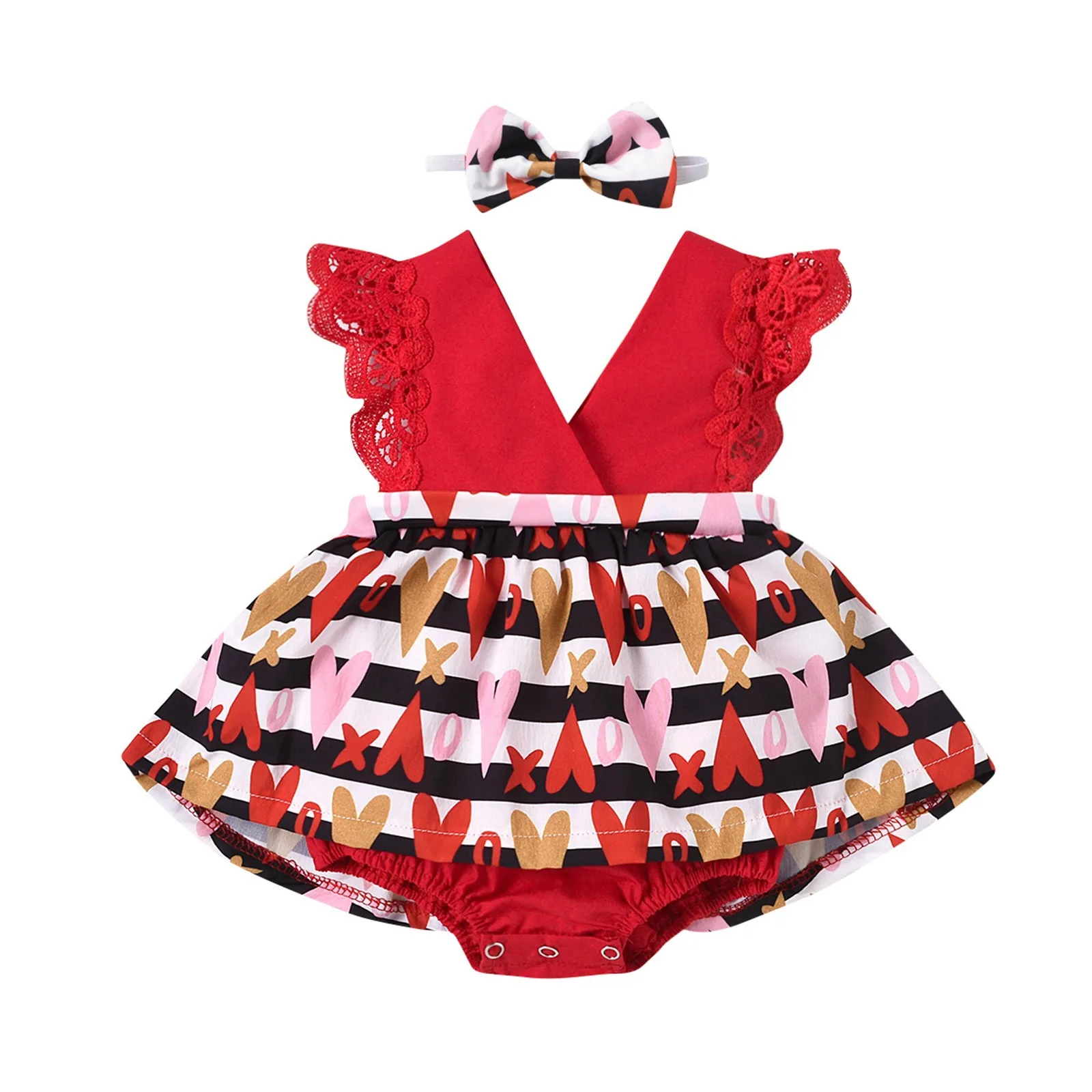 

Newborn Clothes Valentine's Day Baby Kids Sleeveless Printed Romper Jumpsuit+headband Set Baby Romper Outfits Bebek Giyim