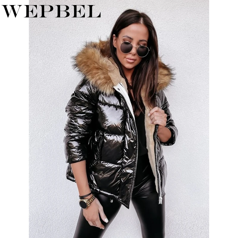 WEPBEL Women's Winter Down Jacket Hooded Fur Collar Coats women Causal Pockets Loose Shiny Glossy Thick Warm Cold Coat