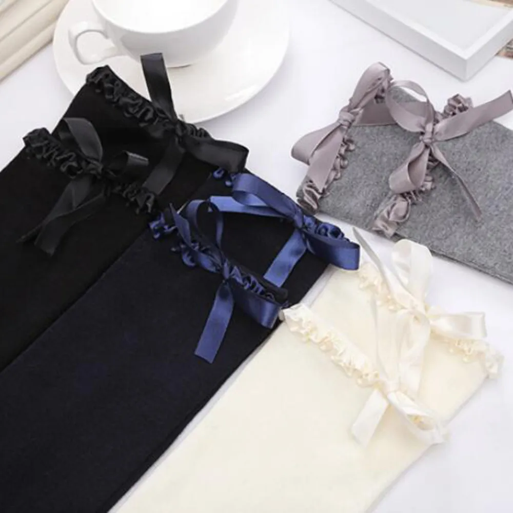 

Wavy Lace Ribbon Bow Stockings Knee High Stocking Cotton Bottoming Stocks Women knitting Keep Femme calcetines de la mujer