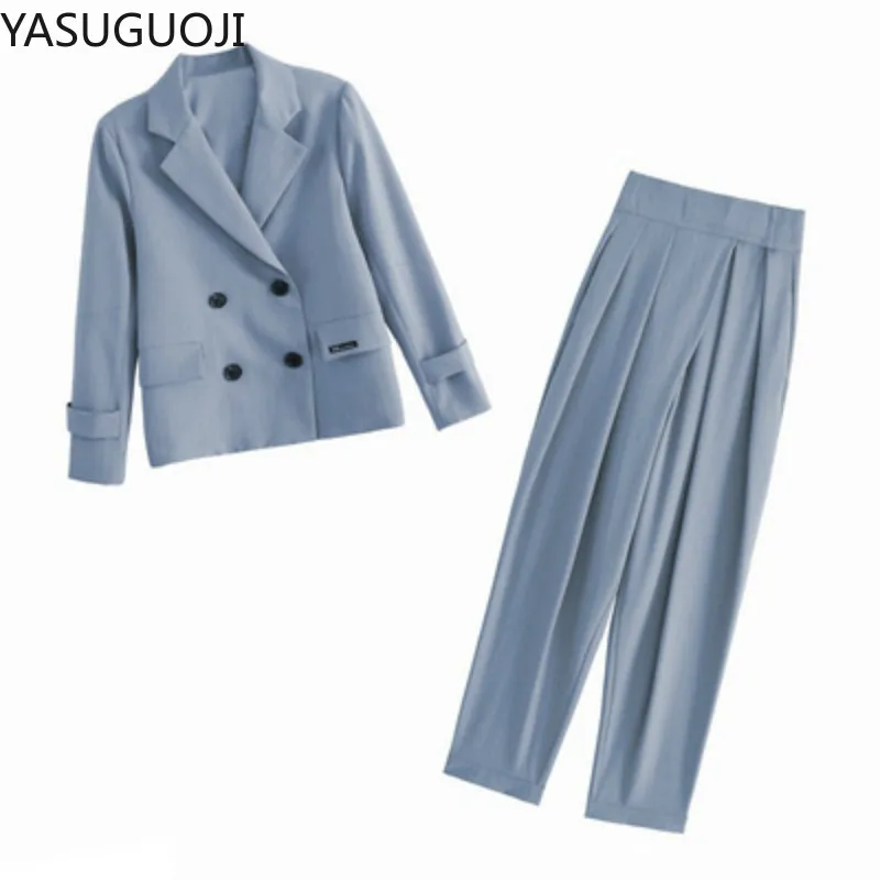 

YASUGUOJI New 2021 Fashion Double Breasted Blazer and Harem Pants Suits Women Office Lady Loose Blue 2 Piece Pant Suits Famale