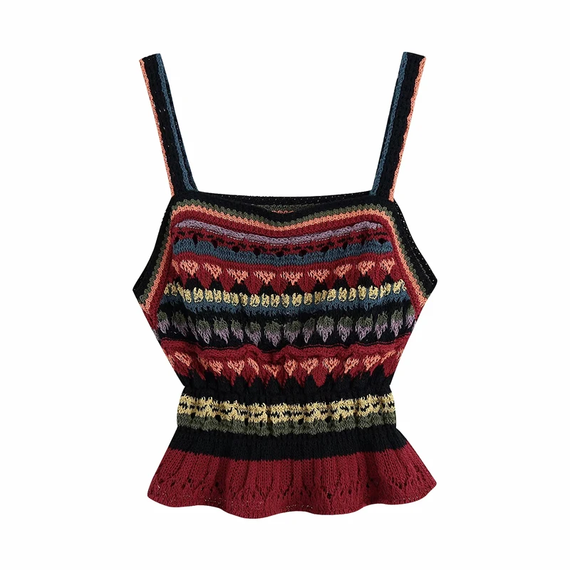 

2021 Fashion knit crochet top Women Casual sexy wide straps Knitted Sweater Ladies Sleeveless elastic waistband ruffled hem tops