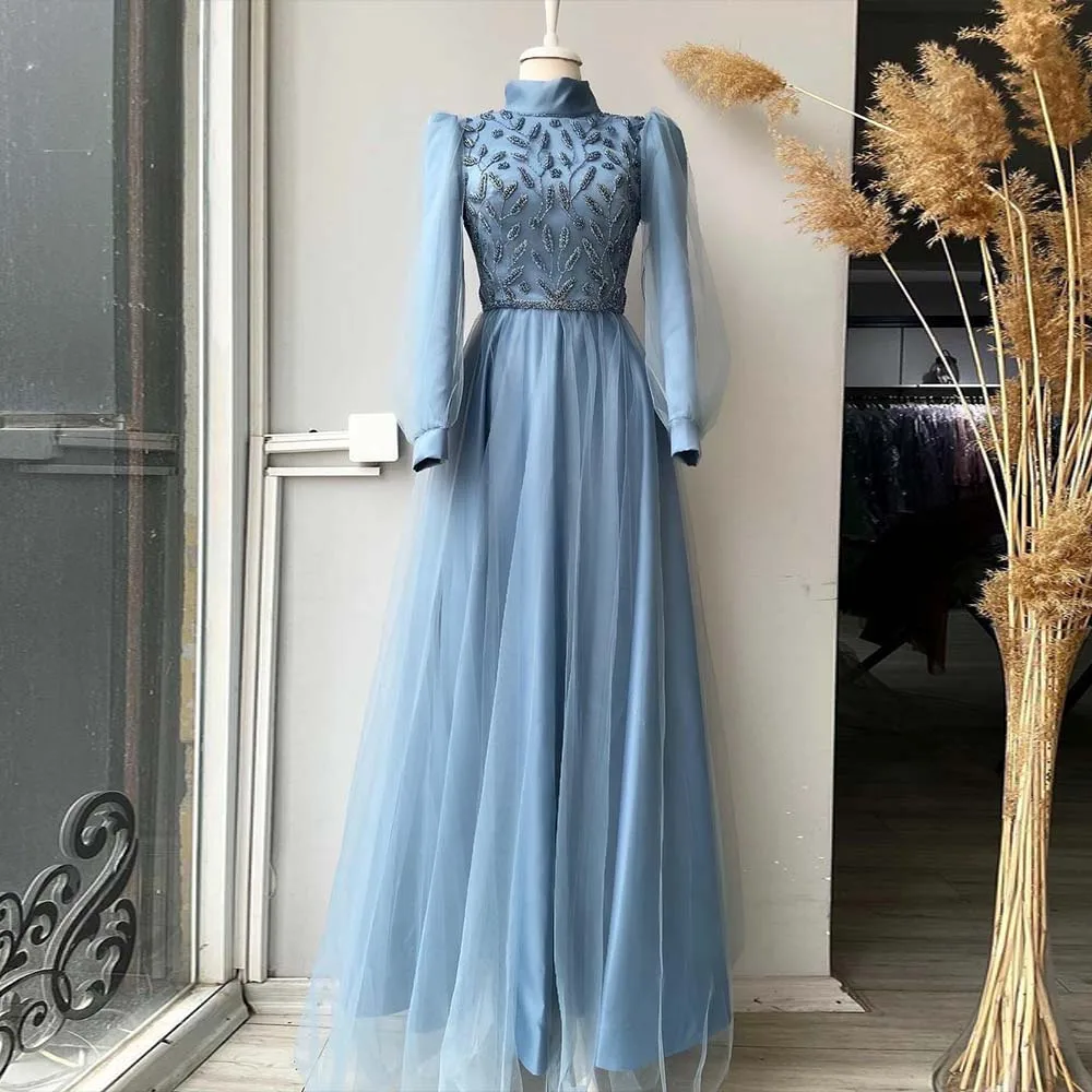 

Smoky Blue Muslim Long Sleeve Evening Dresses High Neck Crystals Beaded Satin Formal Women Party Gown Full Covered