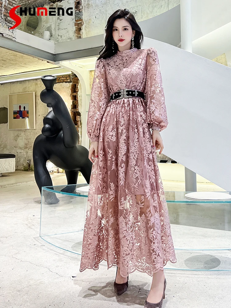 

French Embroidery Pink Lace Long Sleeve Dresses 2021 Winter New High-End Stunning Mesh Sashes Long Party Gowns for Women Dress