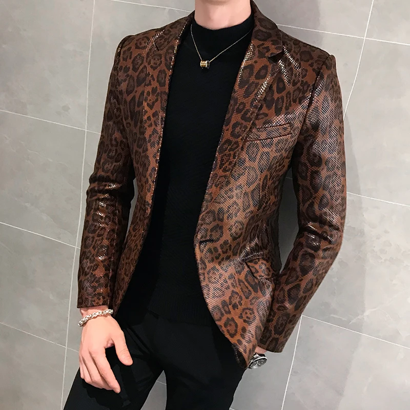 Leopard Print Autumn Mens Blazer Skin Suit Jacket Leather Stage Costumes For Singers Loose Coat Blaser Homens Terno Masculino