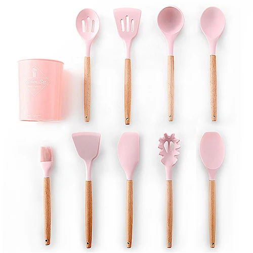 PINK 10PCSB 9/10/12 шт. силиконовых кейсов Пособия по кулинарии набор посуды с антипригарным покрытием шпатель лопата с деревянной ручкой Пособия по кулинарии Набор инструментов с ящиком для хранения Кухня инструменты - Цвет: PINK 10PCSB