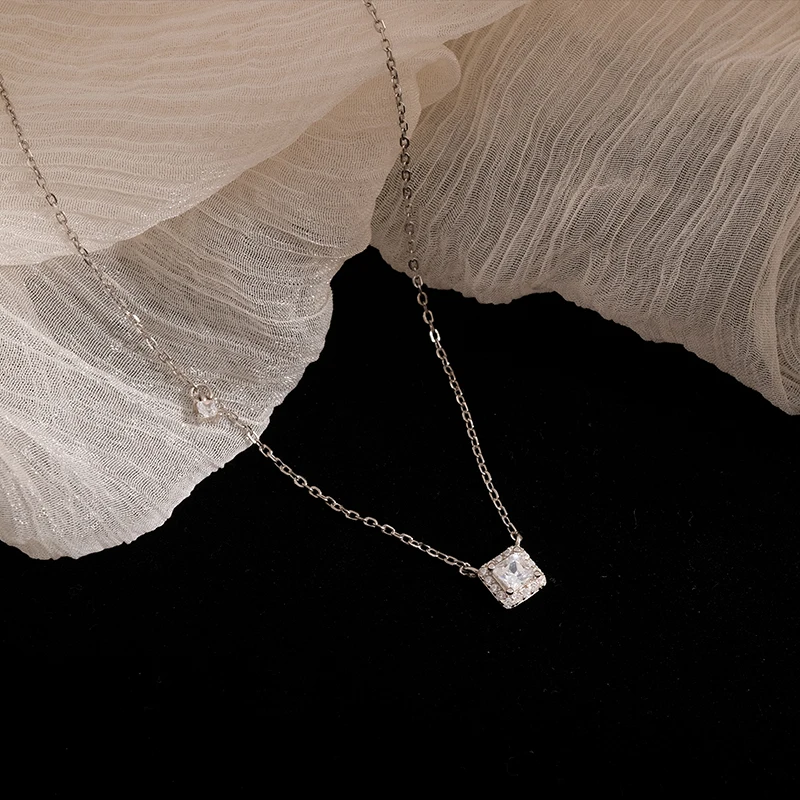 

POPACC 925 Sterling Silver O-Chain Cubic Zircon Square Necklace For Women Gift Fashion Temperament Jewelry