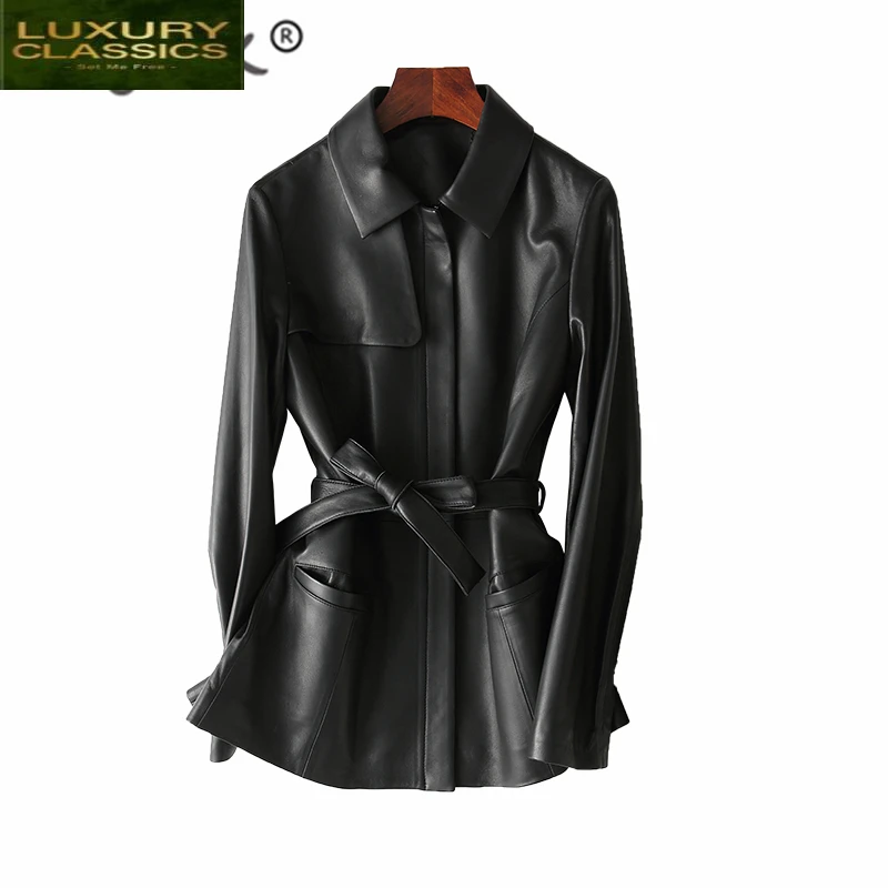

Women Genuine Leather Jacket Moto Jacket + Belt Real Sheepskin Coat Female Autumn Slim Long Outwear Winter Clothes LR1937
