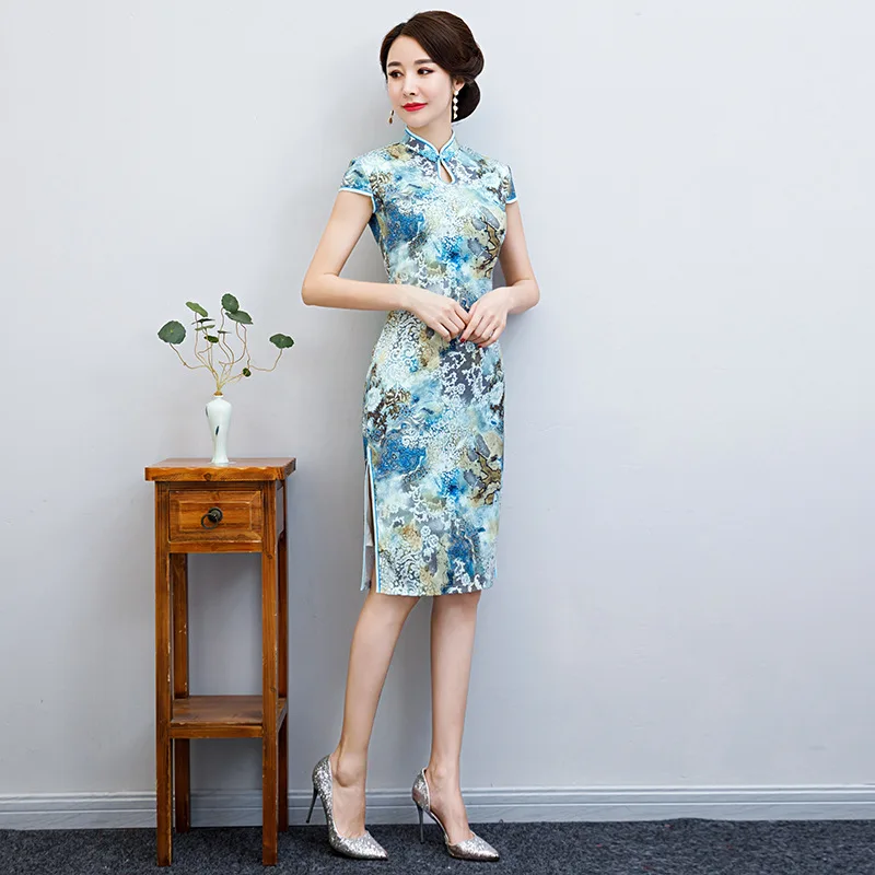 Китайский Стиль вечернее платье пикантное Чонсам Винтаж принт из сатина с