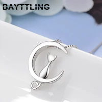 bayttling new 925 sterling silver cute cat moon pendant necklace for women fashion jewelry birthday gift