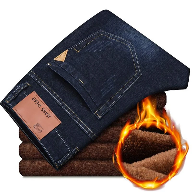 

2021 New Men Activities Warm Jeans High Quality Famous Brand Autumn Winter Jeans Warm Flocking Warm Soft Men Jeans