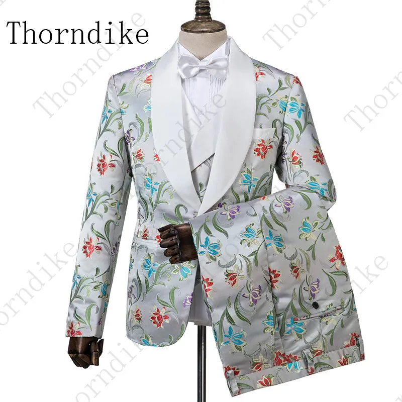 suit 9 Thorndike Новое поступление мужские костюмы темно-синий, с цветами напечатаны 3 шт. смокинг винтажные свадебные костюмы для шафера Terno Masculino - Цвет: suit 9