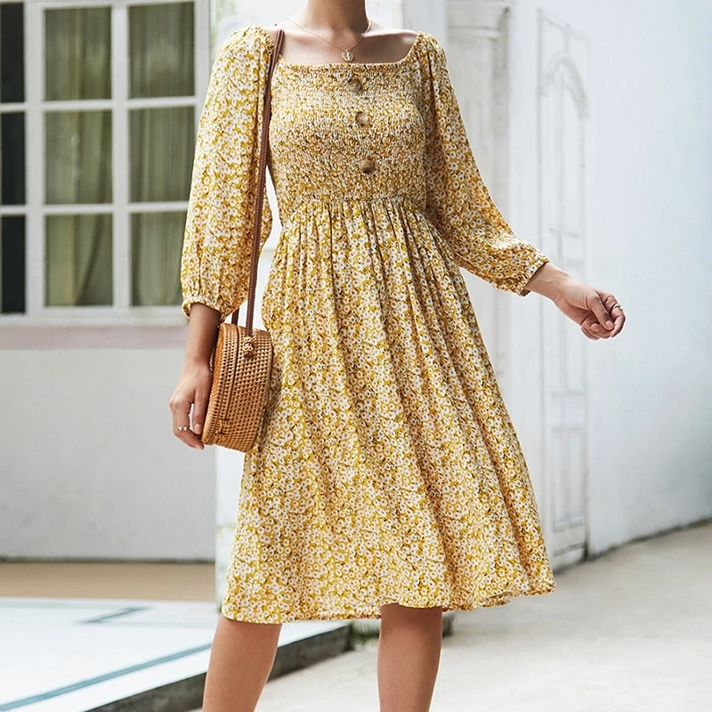 

Fashion Boho Women Dress Floral Printed Vintage Square Collar Lantern Sleeve Button Spring Autumn Female Beach Dresses W190