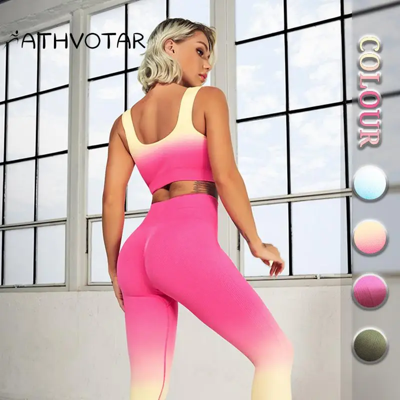 

ATHVOTAR Gradient Sports Sets Seamless Women Yoga 2 Piece Suit Shockproof Bra High Waist Push Up Leggings Fitness Sportswear Set