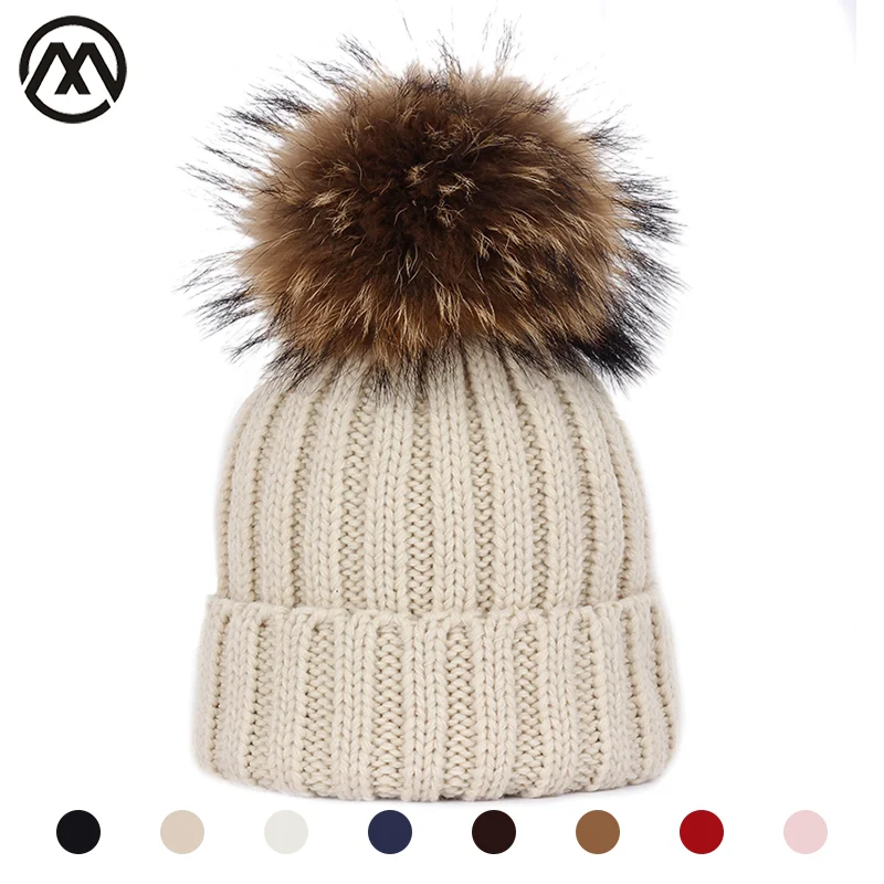 Winter new children's knitted cotton hats warm and comfortable girl real raccoon fur pompom Skullies boy ski caps Beanies thick |