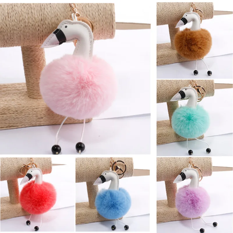 

10pcs/Lot Cute Fluffy Pompom Flamingo Keychain Women Faux Rabbit Fur Ball Pompon Brithday Party Decoration Kids Key Ring Holder