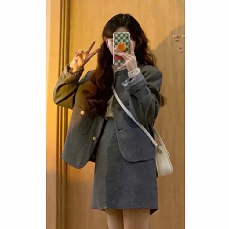 Осенний корейский Костюм с юбкой новинка 2021 текстурный серый темпераментный