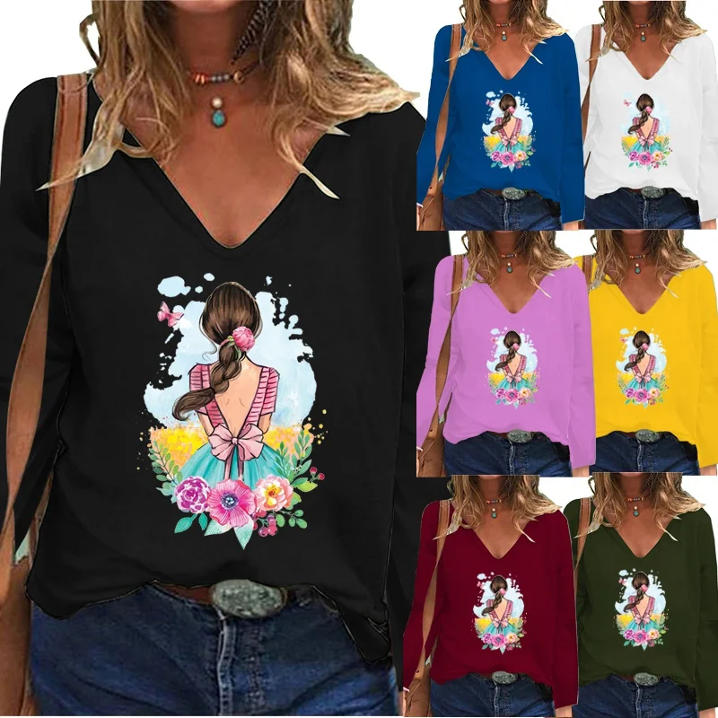 

Womens Spring and Autumn Casual Fashion Printing Long-sleeved Shirt Solid Color Shirt Deep V-neck Loose Women's T-shirt XS-5XL