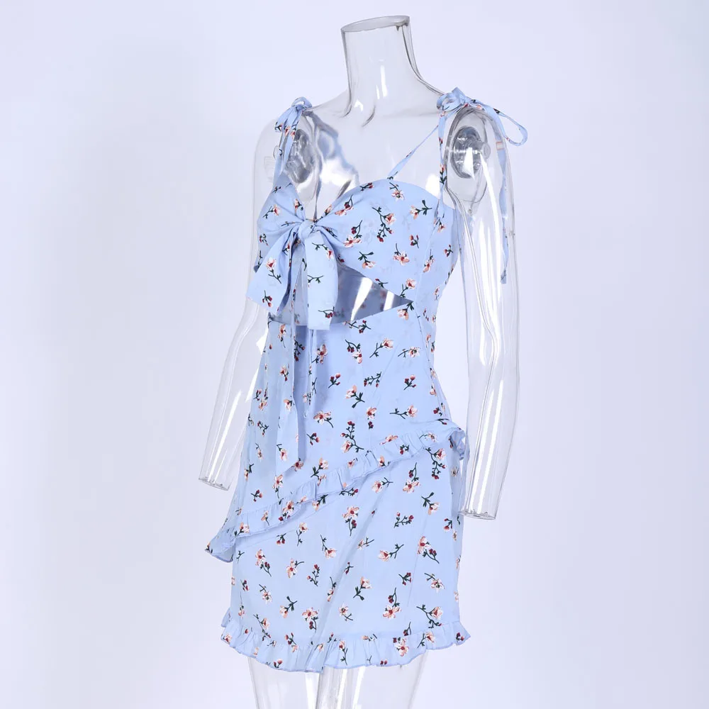 

Autumn 2021 Fashion Women\u2019s Sexy V-neck Suspender Dresses Fashion Floral Bandage Hollow Backless Ruffles Short Dress