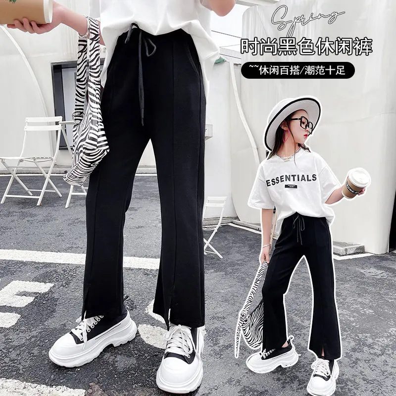 

Girls Spring Autumn New Black Trousers Children's Flared Pants Teenagers Kids Fashion Slim Bottoms Trousers Pants 4 To 14Years