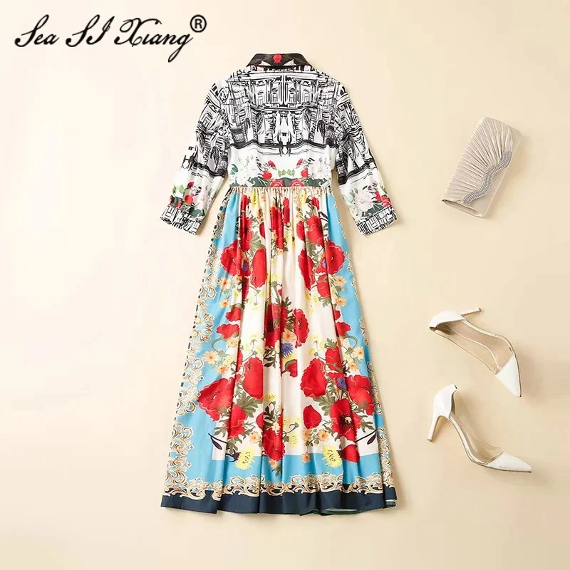 

Seasixiang Fashion Designer Autumn Dress Women's Vintage Flower Print 3/4 Sleeve Turn-down Collar Dresses
