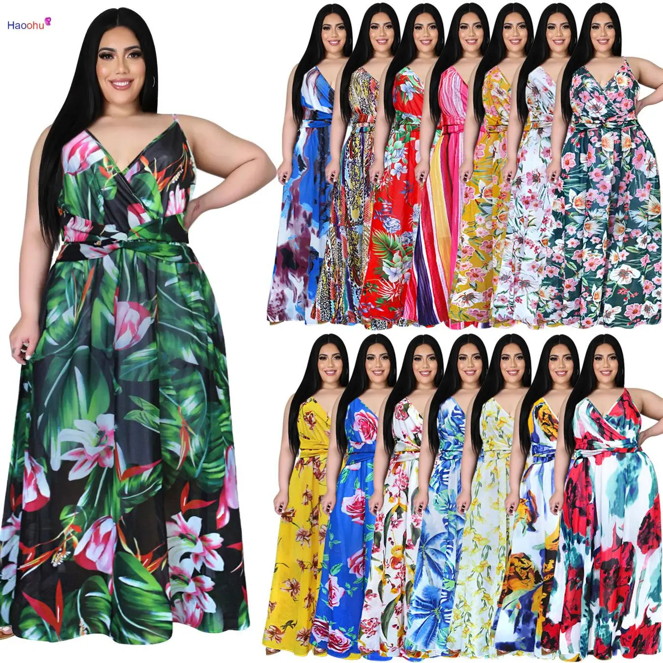 

HAOOHU Chiffon Maxi Sling Dress Women Summer 2021 Floralfloral Bohemian Fashion Backless Beach V-Neck Big Hem Straps Sleeveless