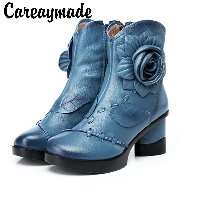 Careaymade-New  autumn and winter folk style shoes Top layer Genuine leather boots with high heel female leisure warm boots