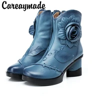 careaymade new autumn and winter folk style shoes top layer genuine leather boots with high heel female leisure warm boots