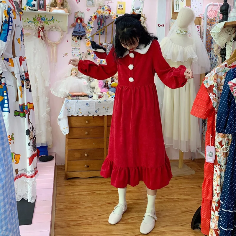 

Japanese Sweet Soft Girl Autumn Dress New Winter Lambswool Peter Pan Collar Christmas Dress Kawaii Cute Ruffles Corduroy Dresses